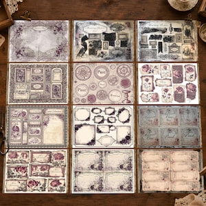 Puede incluir: Una colecci&oacute;n de doce hojas de papel de estilo vintage con patrones florales decorativos, marcos ornamentados, sellos postales y etiquetas en tonos morado, crema y gris. Los dise&ntilde;os incluyen textos como Archive Plate, Mourning Archive, Label Collection, Post, Rose Specimen, Admit One y Paid.