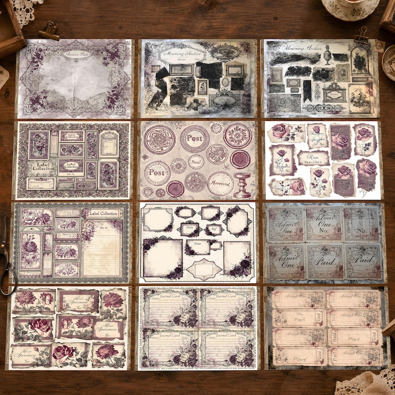 Puede incluir: Una colecci&oacute;n de doce hojas de papel de estilo vintage con patrones florales decorativos, marcos ornamentados, sellos postales y etiquetas en tonos morado, crema y gris. Los dise&ntilde;os incluyen textos como Archive Plate, Mourning Archive, Label Collection, Post, Rose Specimen, Admit One y Paid.