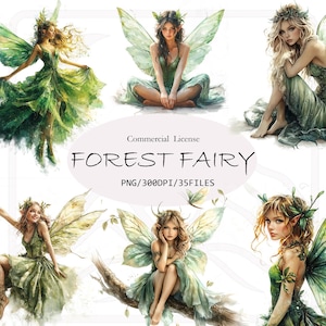 35 Aquarell Waldfeen Clipart, grüne Feen, PNG Einzelbilder auf transparentem Hintergrund, Sublimation, kommerzielle Nutzung
