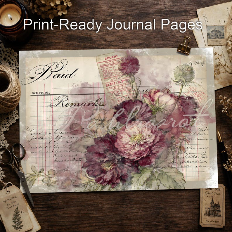 Puede incluir: Una p&aacute;gina de diario rectangular con un fondo de libro contable antiguo que incluye la palabra Paid, un recibo y escritura cursiva. La p&aacute;gina est&aacute; decorada con un grupo de flores de color p&uacute;rpura y rosa intenso, hojas verdes y capullos de cardo.