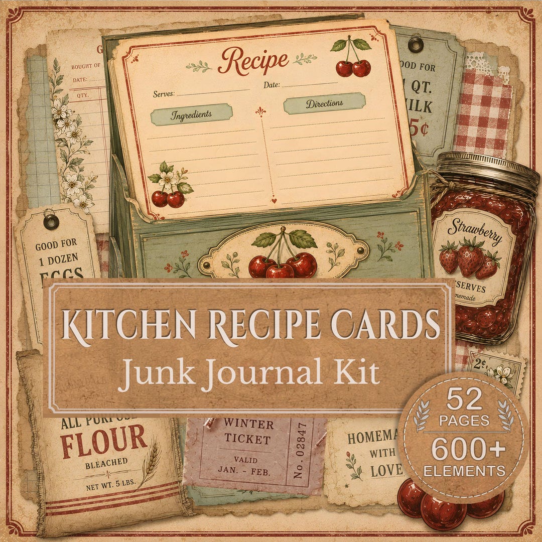 Recipe Cards & Kitchen Ledger Printable Junk Journal Kit, Vintage ...