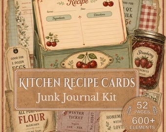 Recipe Cards & Kitchen Ledger Printable Junk Journal Kit, Vintage Farmhouse Kitchen Ephemera, Pantry Labels, Cookbook Pages