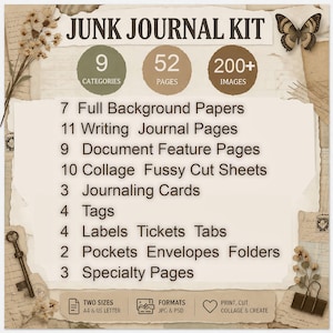 Puede incluir: Un kit de junk journal con 52 p&aacute;ginas y m&aacute;s de 200 im&aacute;genes en 9 categor&iacute;as, incluyendo papeles de fondo, p&aacute;ginas de escritura, hojas de recorte, tarjetas, etiquetas, sobres y p&aacute;ginas especiales en formatos A4 y carta de EE. UU.