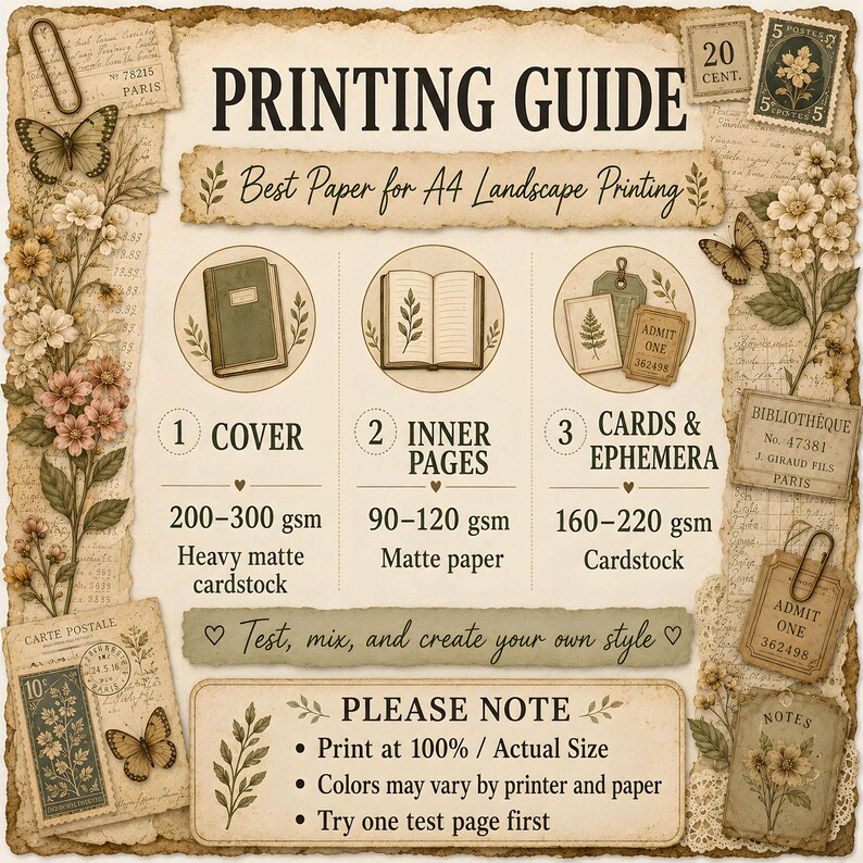 Puede incluir: Una gu&iacute;a de impresi&oacute;n de estilo vintage para papel A4 horizontal con ilustraciones bot&aacute;nicas, mariposas y sellos postales. Incluye recomendaciones de gramaje para portadas, p&aacute;ginas interiores y ef&iacute;meros, con notas sobre impresi&oacute;n a tama&ntilde;o real.