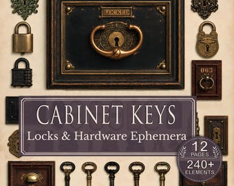 Faux Hardware Printable | Vintage Keys, Antique Locks, Hinges, Drawer Pulls & Junk Journal Ephemera