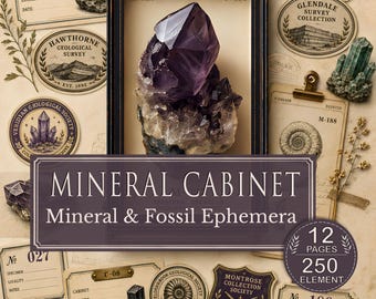 Fossil & Mineral Junk Journal Kit | Vintage Geology Ephemera, Specimen Cards, Rock Labels
