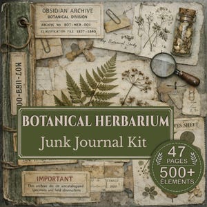 May include: A botanical herbarium junk journal kit featuring 47 pages and over 500 elements. The collection includes vintage-style paper scraps, dried fern leaves, a magnifying glass, a glass vial with dried specimens, and paper clips.