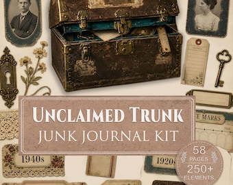 Printable Junk Journal Kit: Unclaimed Trunk, Vintage Heirloom Ephemera & Memory Archive