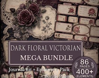 Paquete Mega de Artículos para Diario Artísticos con Diseño Floral Oscuro de la época victoriana / Materiales Imprimibles de Rosas Góticas / Papeles para Collage de Rosas Vintage