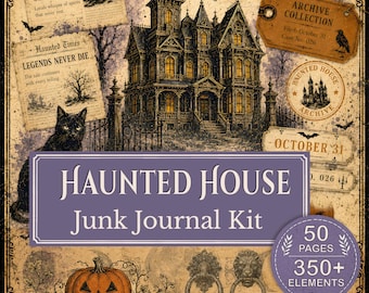 Skräppostdagbok med spökhus | Utskrivbara gotiska Halloween-ephemera | Digital nedladdning av vintagearkiv