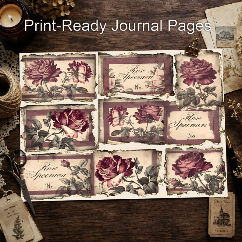 Kit de diario de estilo victoriano con estampado floral oscuro / Materiales imprimibles, papeles de rosas vintage / Páginas de collage gótico imagen 6