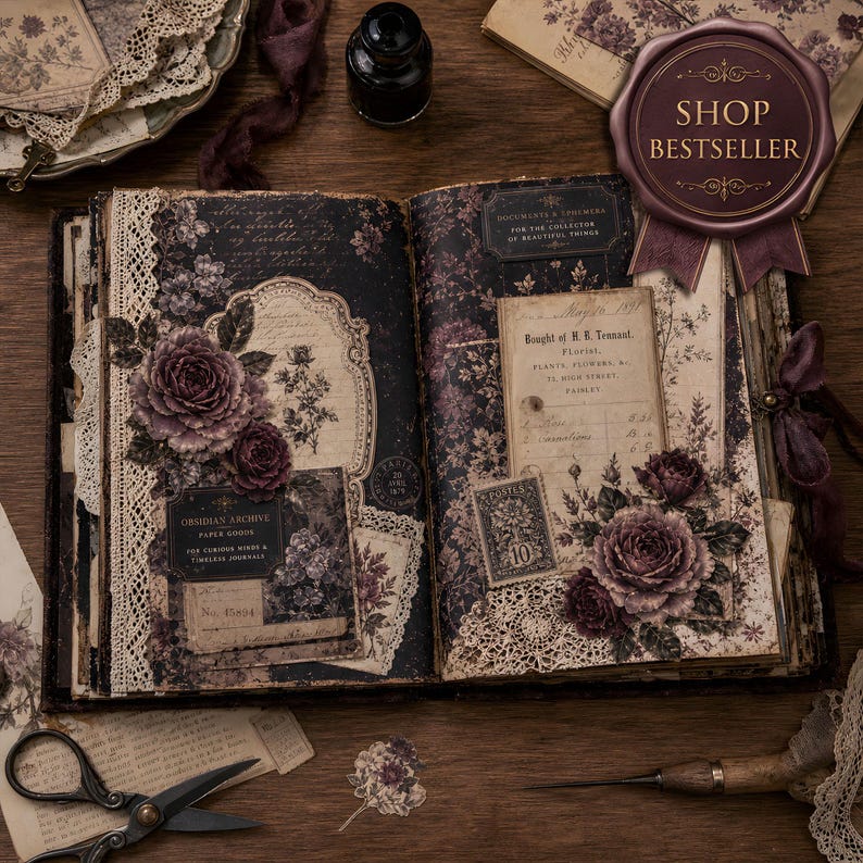 Kit de diario de estilo victoriano con estampado floral oscuro / Materiales imprimibles, papeles de rosas vintage / Páginas de collage gótico imagen 2