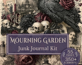 Mourning Garden Junk Journal Kit, Gothic Raven Printable, Victorian Halloween Ephemera, Dark Floral Journal Pages, Digital Download
