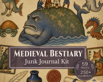 Kit de diario de arte medieval con animales manuscritos iluminados, libro de bestias imprimible.