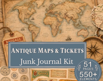 Antique Maps Travel Junk Journal Kit | Explorer Ephemera Vintage Scrapbook