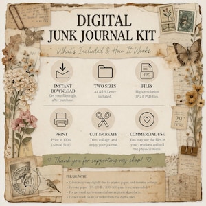 Puede incluir: Una hoja informativa de un kit de diario digital con ilustraciones florales y de mariposas de estilo vintage. El texto incluye 'DIGITAL JUNK JOURNAL KIT', 'What's Included & How It Works' y detalles sobre descargas instant&aacute;neas, tama&ntilde;os A4 y carta, archivos JPG y PSD de alta resoluci&oacute;n, impresi&oacute;n y uso comercial.