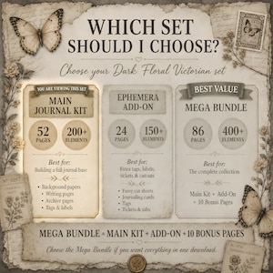 Puede incluir: Un gr&aacute;fico informativo digital titulado Which Set Should I Choose? que detalla un kit de diario Dark Floral Victorian. Presenta tres opciones: un kit principal, un complemento de ef&iacute;mera y un mega paquete, indicando el n&uacute;mero de p&aacute;ginas y elementos.
