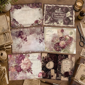 Puede incluir: Una colecci&oacute;n de hojas de papeler&iacute;a rectangulares con dise&ntilde;os florales victorianos oscuros, patrones de libros contables antiguos y texto manuscrito que incluye Correspondence, Paid y Remarks. Los papeles muestran paletas de colores p&uacute;rpura, burdeos y crema.