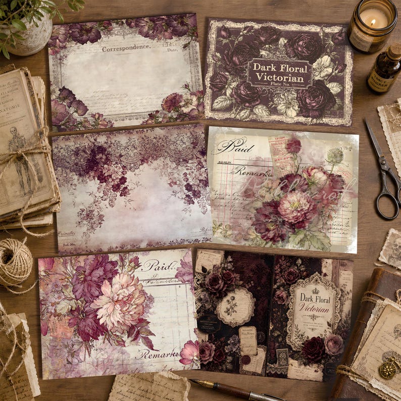 Puede incluir: Una colecci&oacute;n de hojas de papeler&iacute;a rectangulares con dise&ntilde;os florales victorianos oscuros, patrones de libros contables antiguos y texto manuscrito que incluye Correspondence, Paid y Remarks. Los papeles muestran paletas de colores p&uacute;rpura, burdeos y crema.