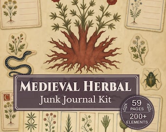 Medieval Herbal Junk Journal Kit, Illuminated Manuscript Plants, Printable Botanical Ephemera, Digital Download
