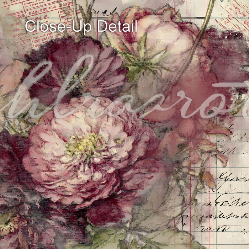 Puede incluir: Un estampado floral con ilustraciones pict&oacute;ricas en capas de peon&iacute;as color burdeos intenso y rosa suave. La composici&oacute;n incluye escritura cursiva de estilo vintage, l&iacute;neas de cuadr&iacute;cula y superposiciones de texto tabular rojo. El texto Close-Up Detail es visible.