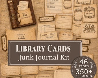 Library Card Printable Junk Journal Kit | Vintage Bookplates Scrapbook Ephemera