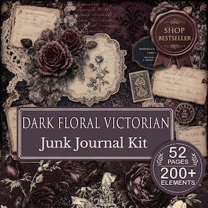 Kit de diario de estilo victoriano con estampado floral oscuro / Materiales imprimibles, papeles de rosas vintage / Páginas de collage gótico imagen 1