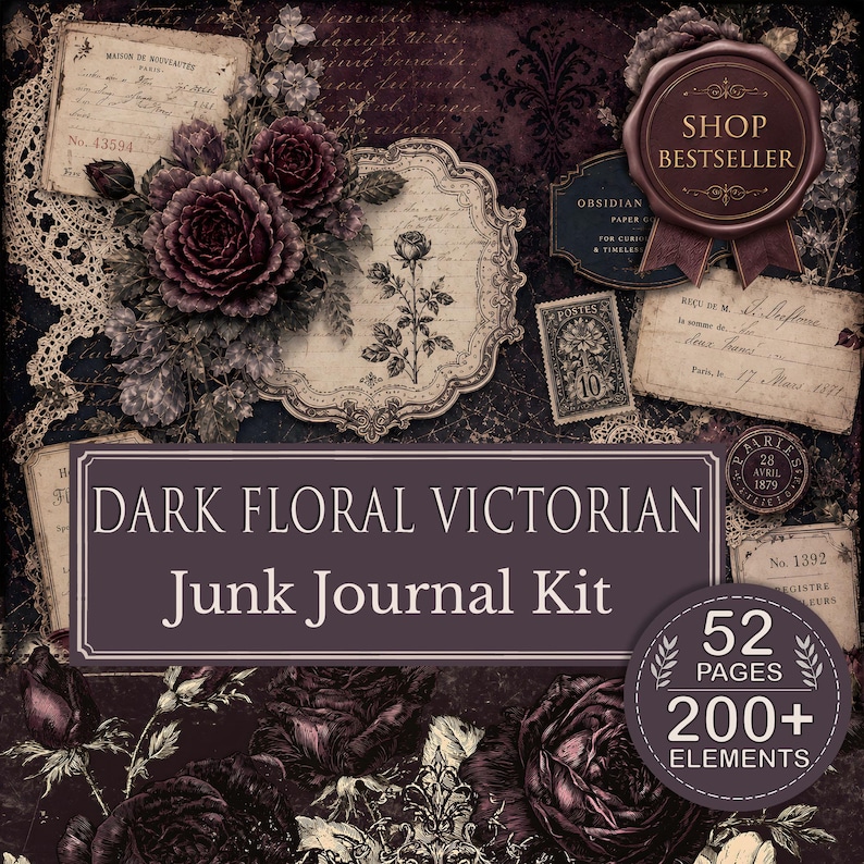 Kit de diario de estilo victoriano con estampado floral oscuro / Materiales imprimibles, papeles de rosas vintage / Páginas de collage gótico imagen 1