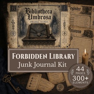 May include: A vintage-themed junk journal kit with the title "Forbidden Library." The kit includes aged paper elements, a key, and a decorative coin. The main image features a locked book with the text "Bibliotheca Umbrosa." The kit contains 44 pages and over 300 elements.