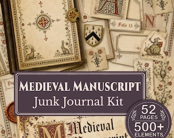 Kit de diario de manuscritos medievales: páginas iluminadas en pergamino/imprimibles y páginas de efímeros góticos.