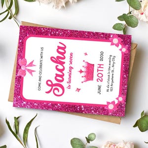 7th Birthday Invitation Editable Pink Glitter Birthday Invitation, Rainbow Holographic Editable invite, Canva Editable