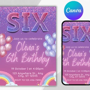Editable Pink 6th Birthday Invitation Template Glitter Birthday Party Invite Rainbow Foil Girl Sixth Birthday Instant Download Digital