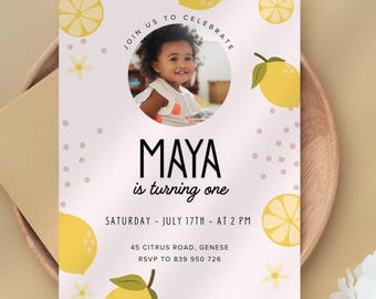 Cute Lemon Theme Birthday Invite for Child with Photo