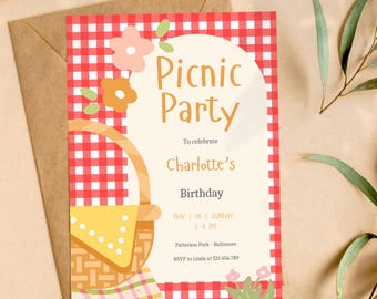 Picnic basket invitation with gingham theme to personalize for birthday.