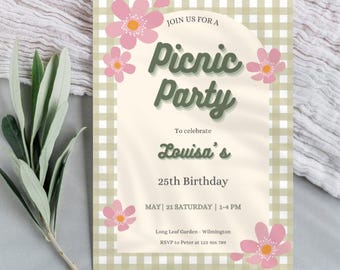 Green Gingham Picnic Invite, with wild flowers to personalize for spring and summer birthday