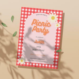 Invitation pique-nique vichy, modèle coloré de carte à personnaliser pour fête et pique-nique d'anniversaire pour le printemps et l'été.