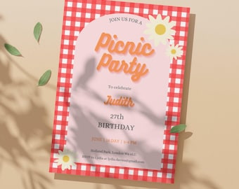 Invitación para picnic estilo Vichy, plantilla de tarjeta colorida para personalizar para fiestas y picnics de cumpleaños en primavera y verano.