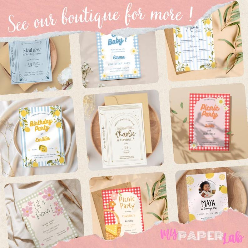 Puede incluir: Un collage de varias tarjetas de invitaci&oacute;n con diferentes dise&ntilde;os. Algunas tarjetas presentan temas de lim&oacute;n y flores, mientras que otras tienen patrones de cuadros. El texto en las tarjetas incluye nombres, fechas y frases como "Fiesta de cumplea&ntilde;os" y "Fiesta de picnic".