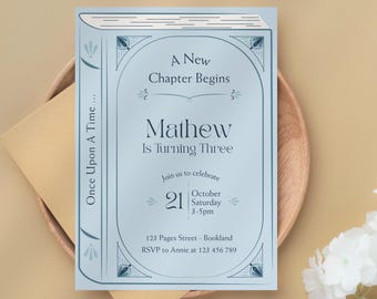 Blue Book Cover Birthday Invitation - Library Themed Editable Template | Once Upon a Time | A New Chapter Begins