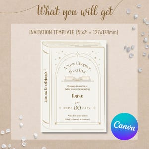 May include: A beige baby shower invitation template shaped like a book, with the text "A New Chapter Begins." The invitation is 5x7 inches (127x178mm) and includes space for the name, date, and RSVP information. The Canva logo is in the bottom right corner.