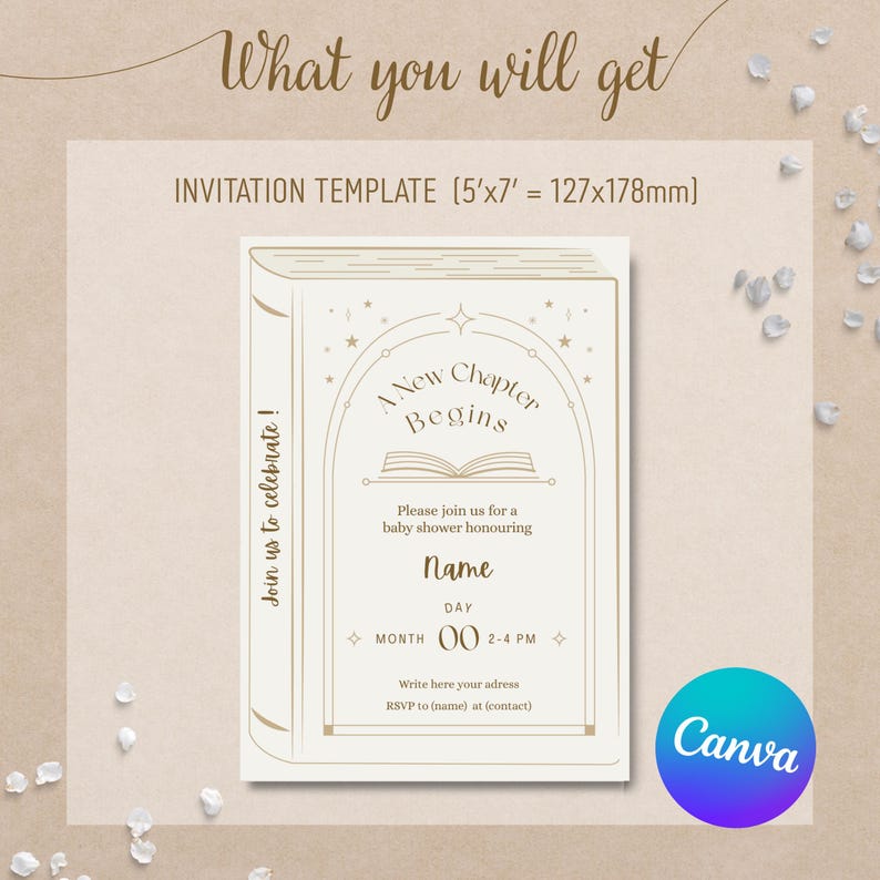 May include: A beige baby shower invitation template shaped like a book, with the text "A New Chapter Begins." The invitation is 5x7 inches (127x178mm) and includes space for the name, date, and RSVP information. The Canva logo is in the bottom right corner.
