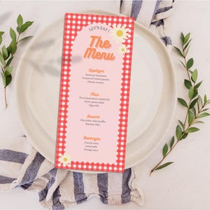 Menu de pique-nique vichy, modèle coloré pour le printemps été, à personnaliser pour anniversaire, fête, brunch, garden party.