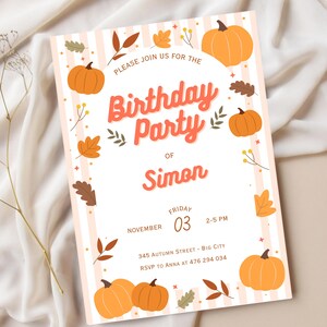 Autumn Birthday Invite, Fall Theme Party Invitation, Pumpkin Birthday Invite, Editable Autumn Party Invitation Canva Template