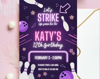 Glow Bowling birthday invite  for girl party, pink neon and retro theme