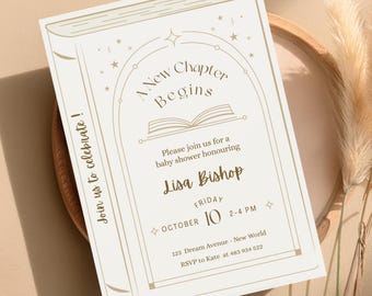 Book Baby Shower Invitation : A New Chapter Begins. Storybook Theme and Gender Neutral Editable Canva Template