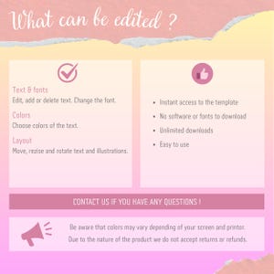 Puede incluir: Un gr&aacute;fico rosa y blanco con el texto "What can be edited?" enumera las funciones editables: texto y fuentes, colores y dise&ntilde;o. El texto adicional destaca el acceso instant&aacute;neo, sin descargas, descargas ilimitadas y facilidad de uso.