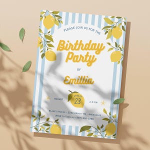 Modèle invitation citron, invitation modifiable citron bleu, modèle d'invitation agrumes pour fête thème citron et premier anniversaire