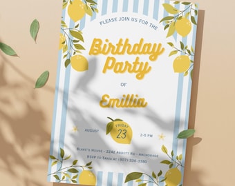 Lemon birthday invite, editable blue lemon invitation, citrus invitation template for lemon theme party for lemon 1st birthday