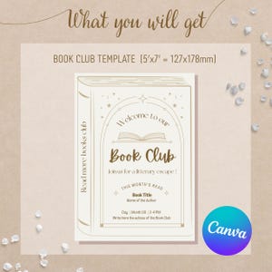 Puede incluir: Una plantilla beige para club de lectura con el texto "What you will get" en la parte superior. La plantilla incluye el texto "Book Club" y "Join us for a literary escape!" La plantilla mide 127x178mm.