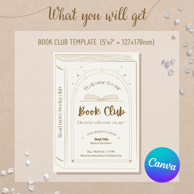 Puede incluir: Una plantilla beige para club de lectura con el texto "What you will get" en la parte superior. La plantilla incluye el texto "Book Club" y "Join us for a literary escape!" La plantilla mide 127x178mm.